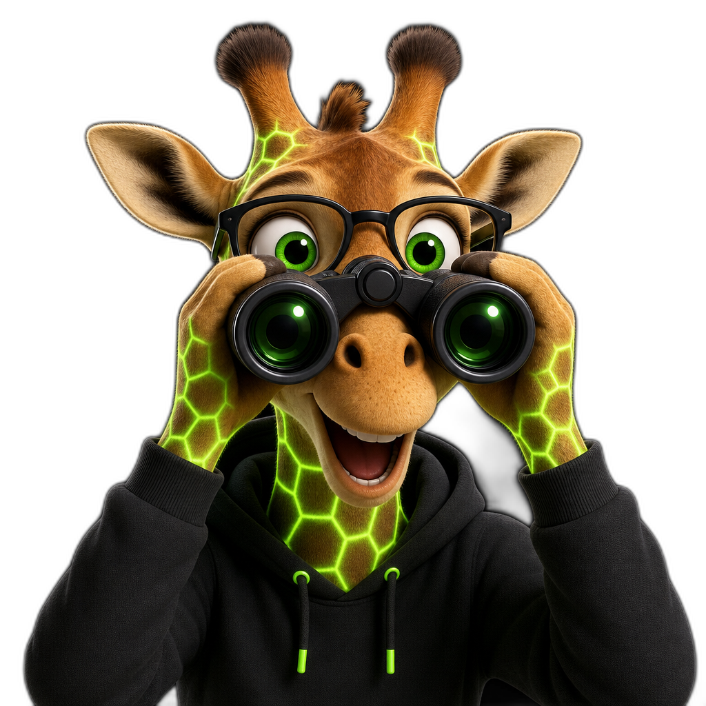 Scout the Giraffe searching with binoculars